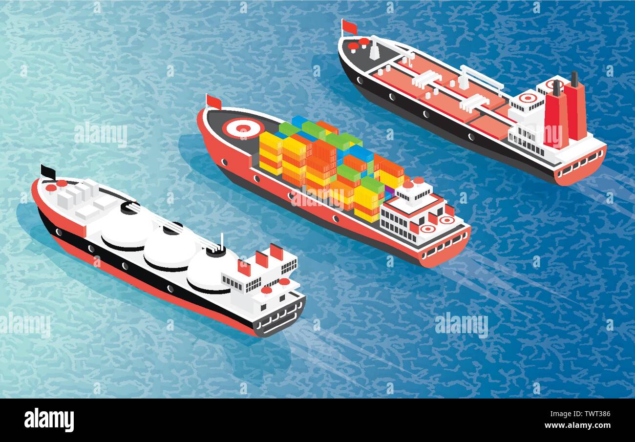 Isometrica nave cargo, contenitore cisterna LNG e nave petroliera. Illustrazione Vettoriale. Spese di spedizione il trasporto merci. Illustrazione Vettoriale