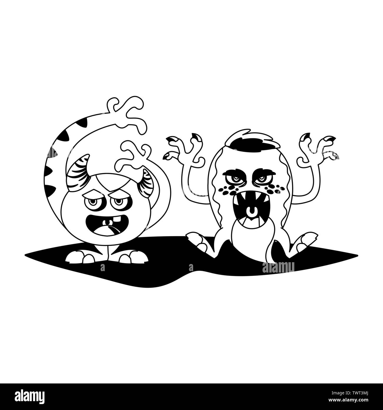 Mostri divertenti giovane comic caratteri monocromatici illustrazione vettoriale design Illustrazione Vettoriale