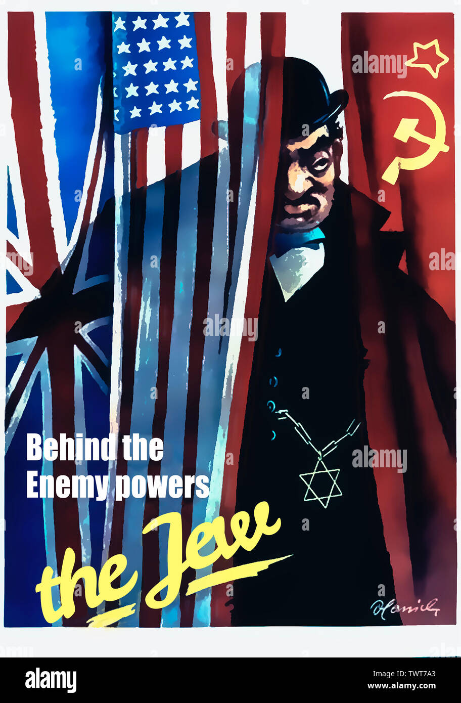 Propaganda nazista della II Guerra Mondiale, "Hinter den Feindmachten der Jude'. (Tradotto in inglese) Foto Stock