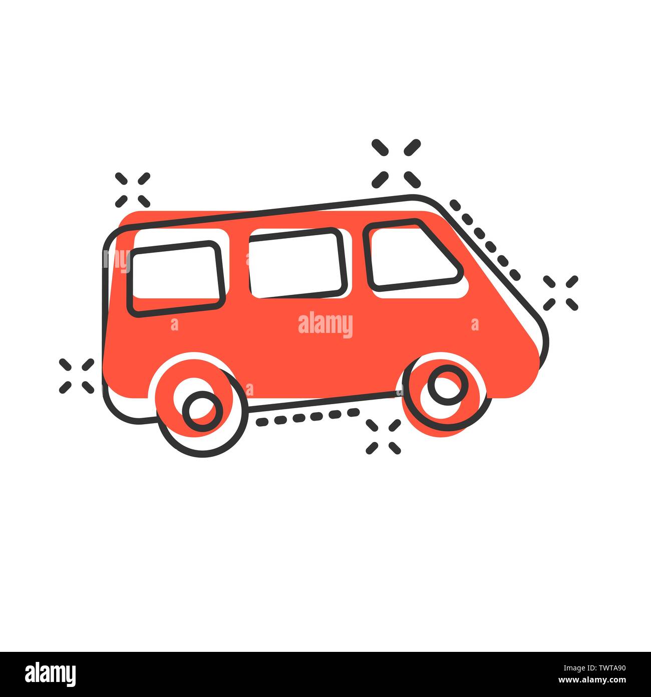 Minivan passeggero segno icona in stile fumetto. Auto vettore bus cartoon illustrazione in bianco sullo sfondo isolato. Consegna banner carrello concetto aziendale s Illustrazione Vettoriale