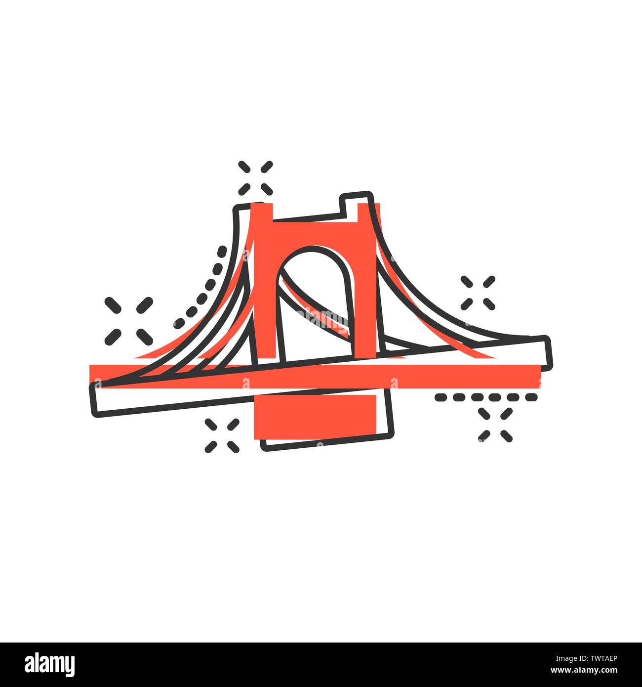 Ponte icona segno in stile fumetto. Vettore di ponte levatoio cartoon illustrazione in bianco sullo sfondo isolato. Road business concetto effetto splash. Illustrazione Vettoriale