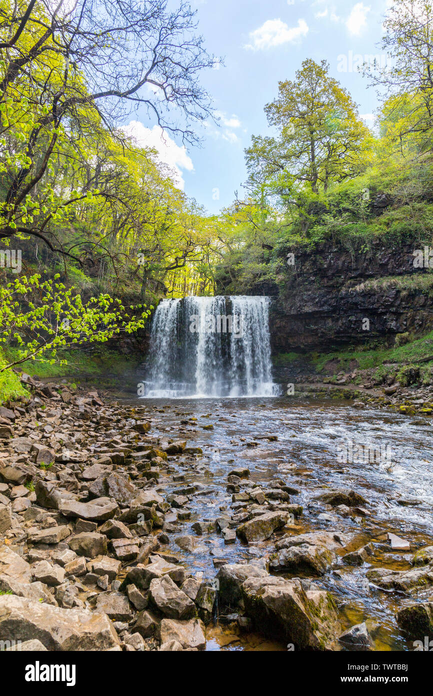 Il Afon Hepste cascades over Sgwd yr Eira cascata su quattro cascate A Piedi nel Parco Nazionale di Brecon Beacons, Powys, Wales, Regno Unito Foto Stock