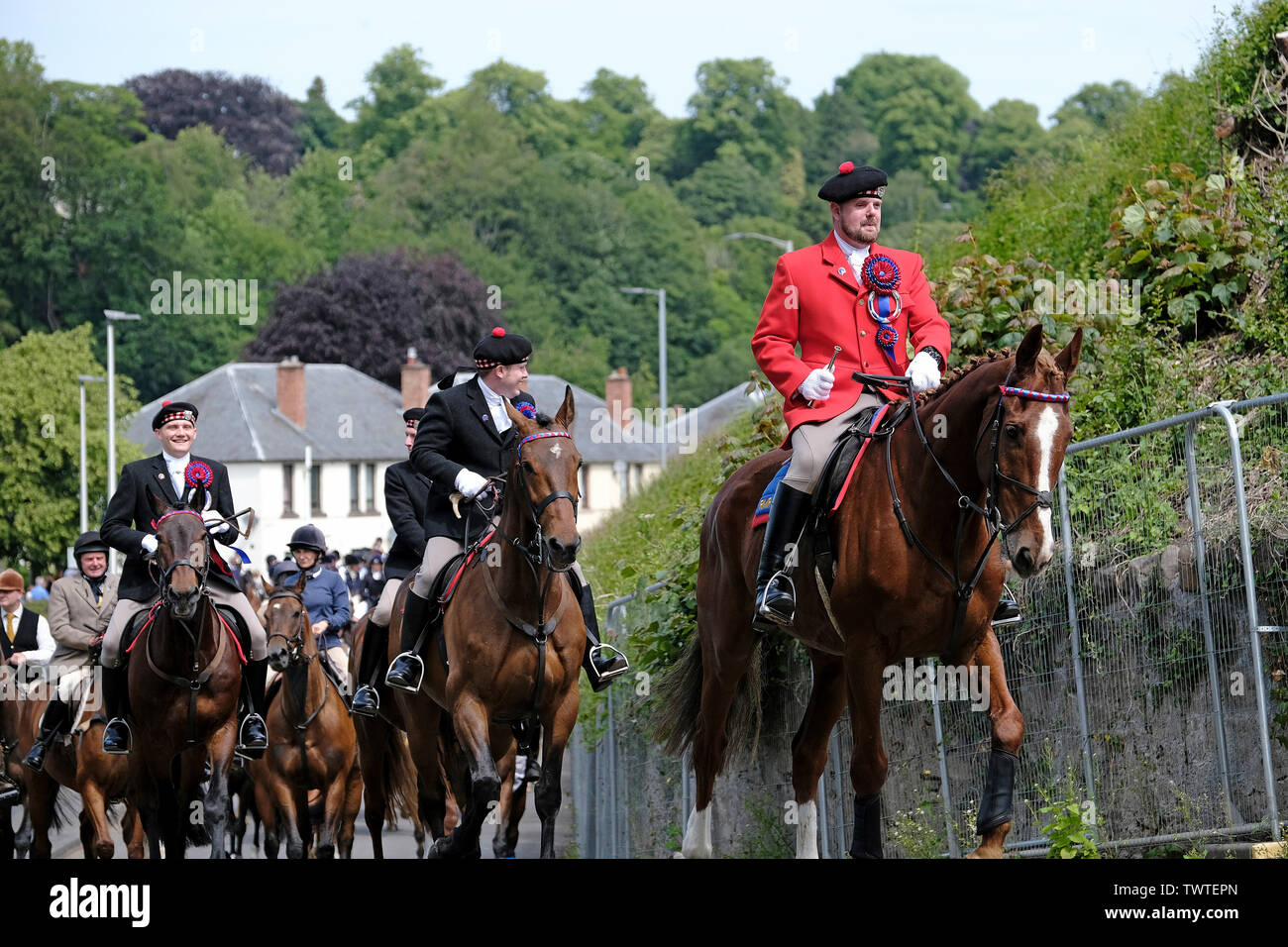 Jedburgh, Scotland, Regno Unito. Domenica 23 giugno 2019 Jed Callants Rideout Morebattle, Jedburgh Regno Unito Morebattle Rideout, il primo ufficiale di cavalcare nel conto alla rovescia per il giorno principale per Jedburgh venerdì 12 luglio 2019. Jethart Callant del Festival, Araldo Robert Reid, in caccia camicia rosa, conduce il Callant e montato seguaci lungo Waterside Road a Jedburgh domenica 23 giugno 2019, come lasciano per la corsa a Morebattle, in cui tradizionalmente si riuniscono e soddisfare il ragazzino a Kelso e sostenitori al Trysting Tree. ( Credito: Rob grigio/Alamy Live News Foto Stock