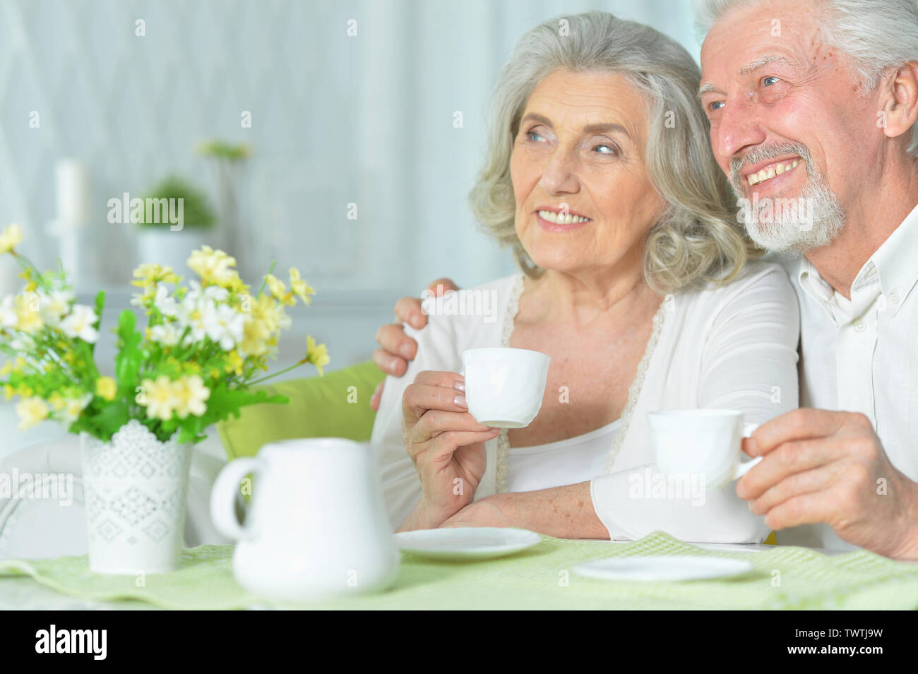 Ritratto di felice coppia senior bere il tè Foto Stock