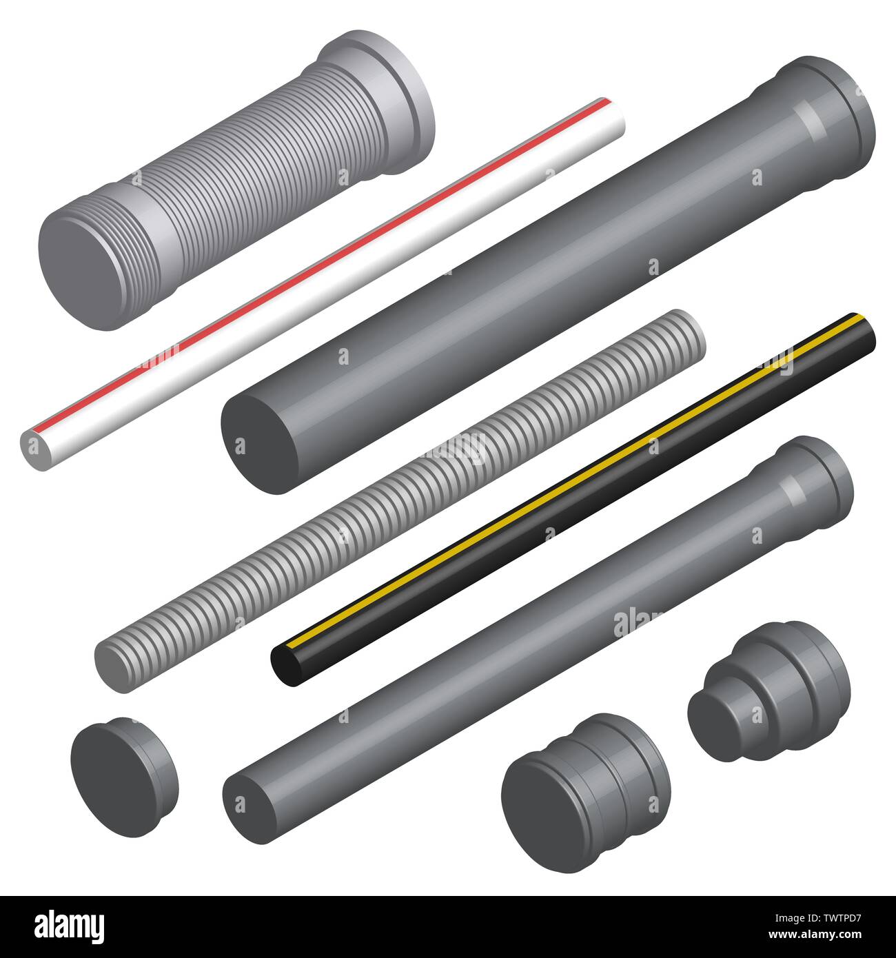 Set di vari tubi di plastica per le acque reflue, l'acqua tubo e flange di collegamento isolato su uno sfondo bianco. 3D isometrica stile, illustrazione vettoriale. Illustrazione Vettoriale