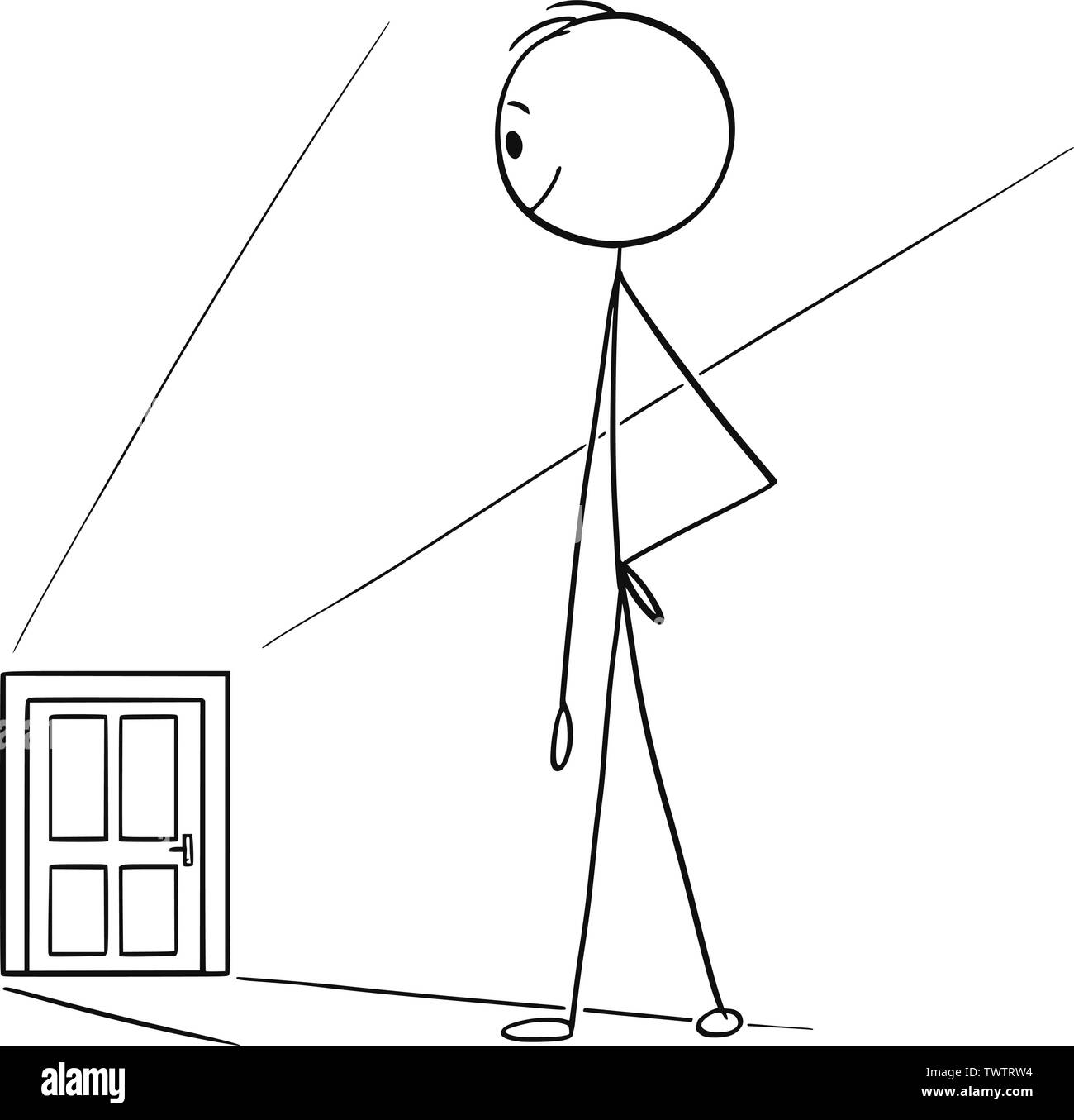 Vector cartoon stick figura disegno illustrazione concettuale dell'uomo o imprenditore guardando la porta in quanto opportunità o sfida metafora. Illustrazione Vettoriale
