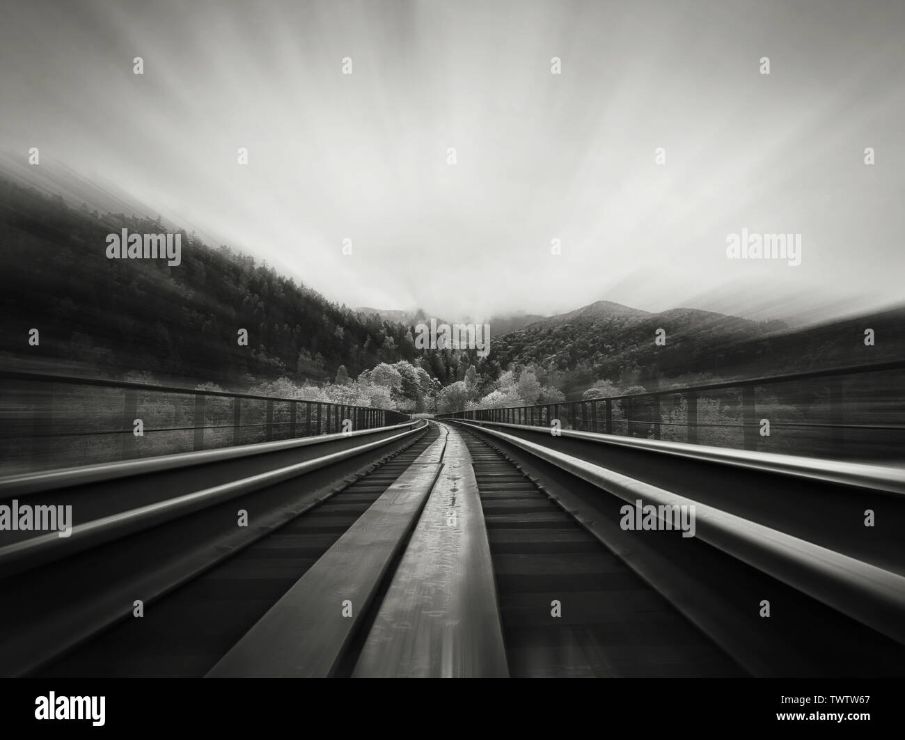 Abstract in bianco e nero in scena, motion blur, effetti di un vecchio ponte ferroviario a perforare la foresta di primavera attraverso le montagne colline. Bella landsca Foto Stock
