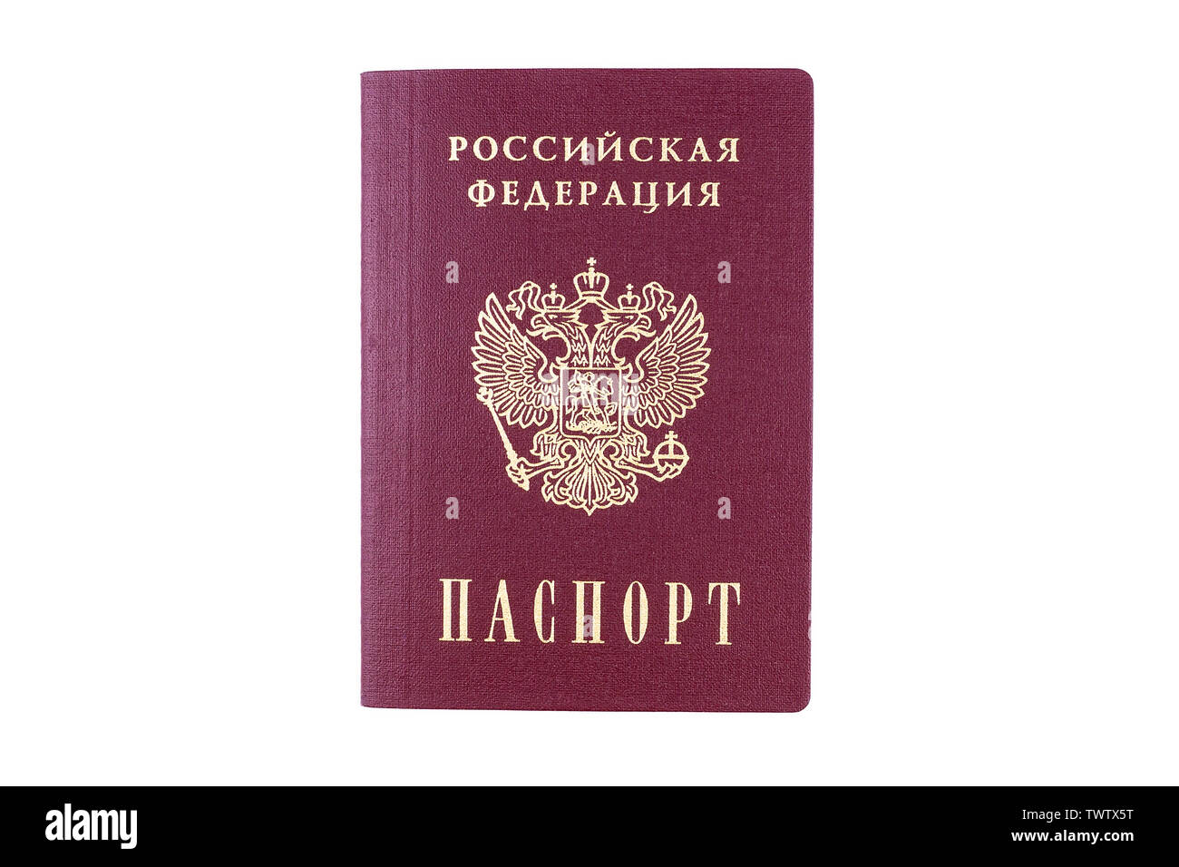 La Federazione russa e il passaporto sono scritti in russo. Documento. Passaporto russo su sfondo bianco. Isolato. Foto Stock