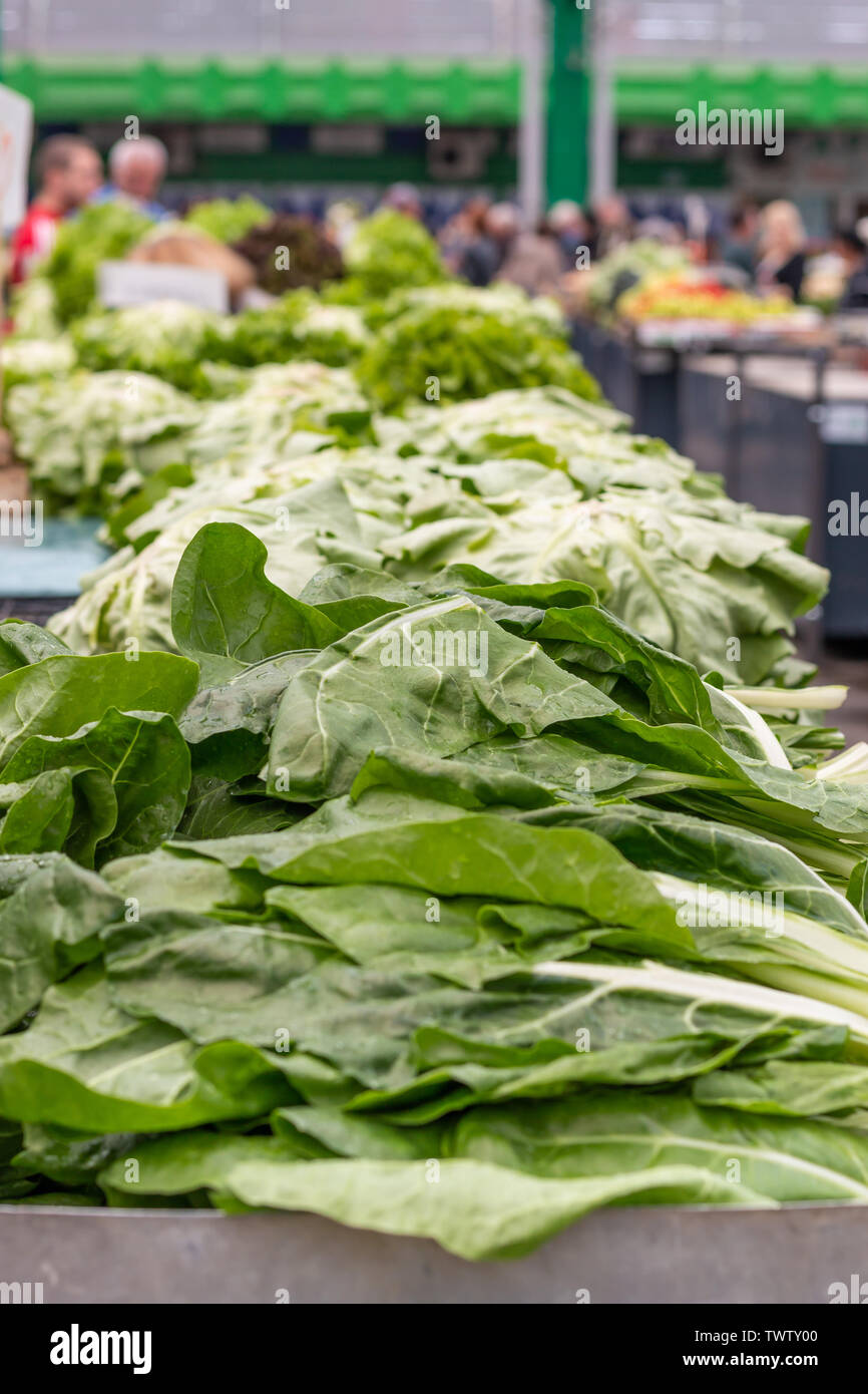 Pila di vari ortaggi a foglia verde sul marketplace contatore a Belgrado. Sfocato venditori e clienti su sfondo Foto Stock