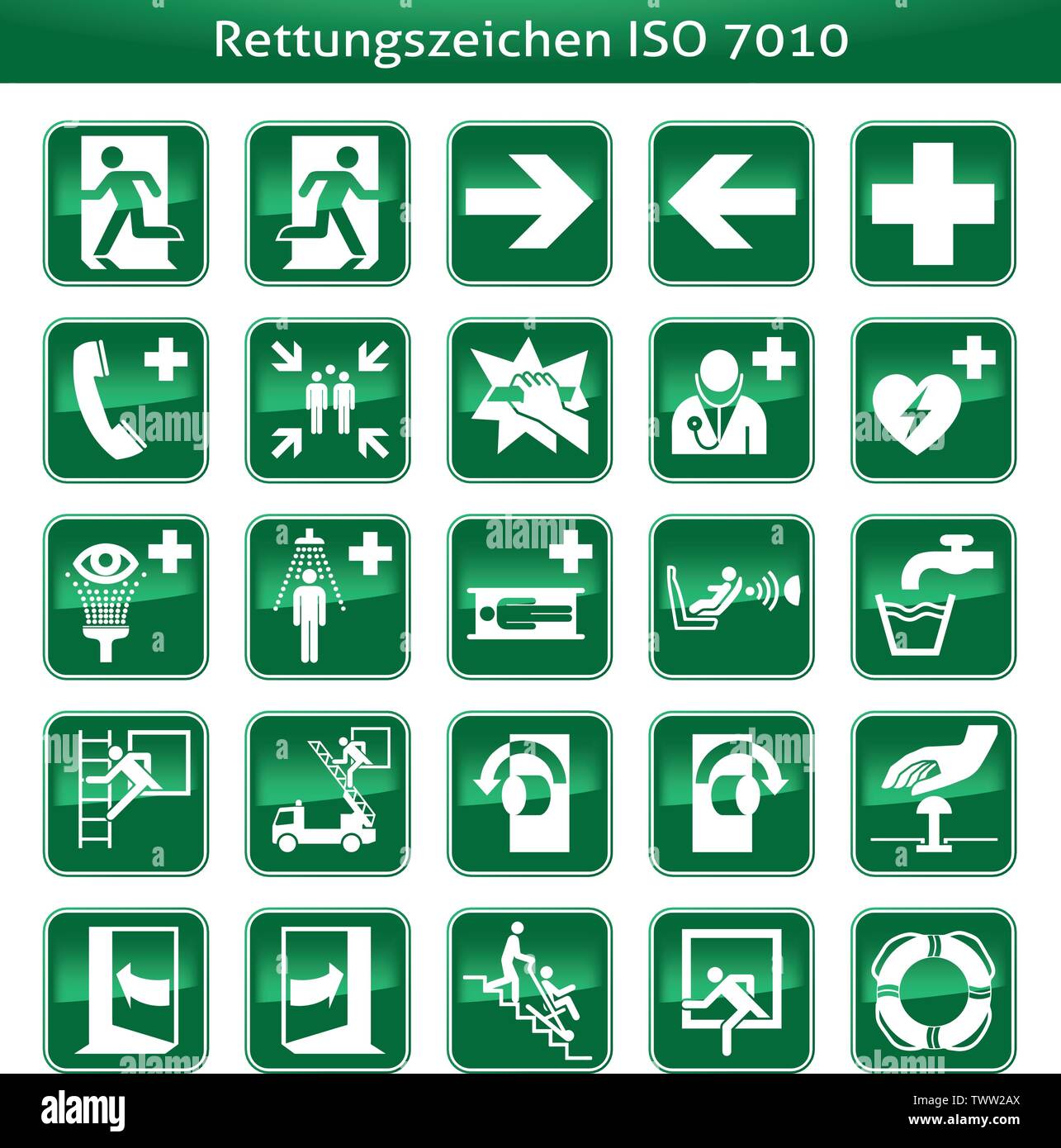 Salvataggio di prima assistenza sicurezza croce segno verde uscita di emergenza emergency Illustrazione Vettoriale