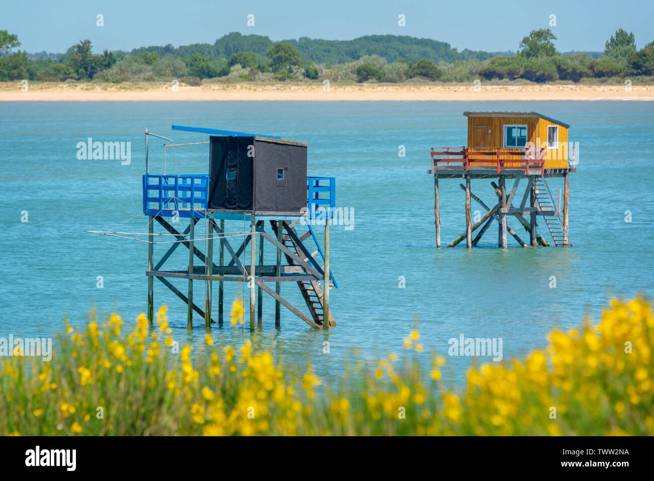 Tipico e in legno colorato di capanne di pesca su palafitte nell'Oceano Atlantico vicino a La Rochelle, Francia Foto Stock