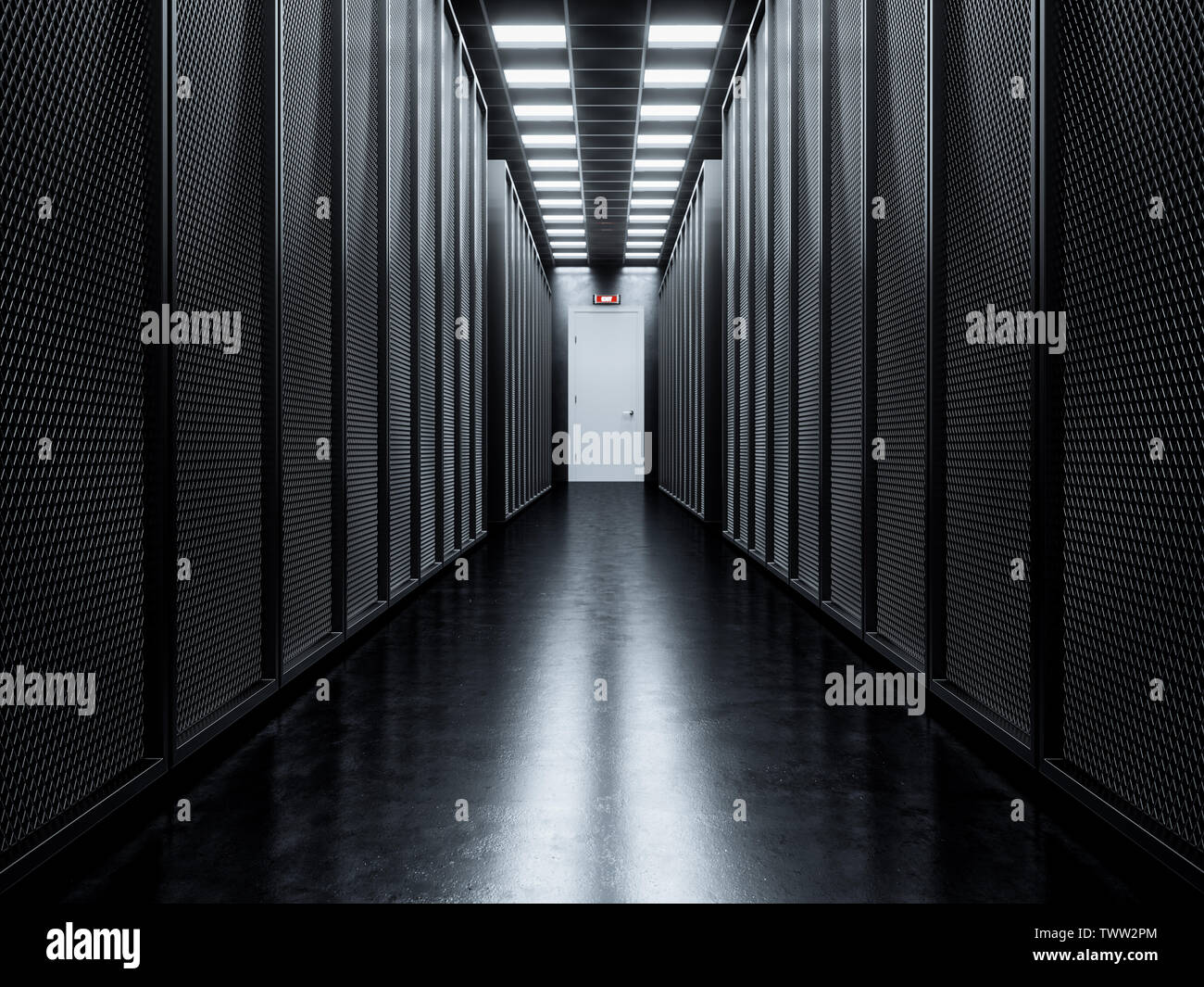 Dark sala server big storage del centro dati. Data center di dominio interno. Mining cryptocurency farm. Centro dati nero computer tower fila. Supercomputer Foto Stock