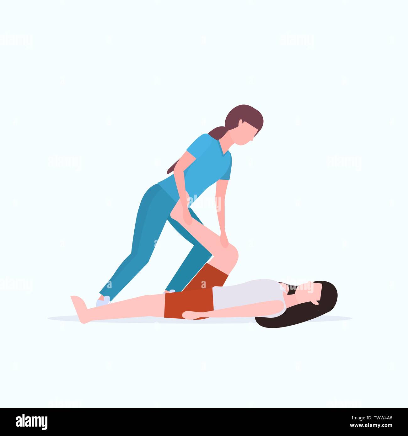 Femmina di personal trainer facendo esercizi di stretching con ragazza istruttore di fitness ad aiutare la donna a tendere i muscoli il concetto di allenamento flat a piena lunghezza Illustrazione Vettoriale