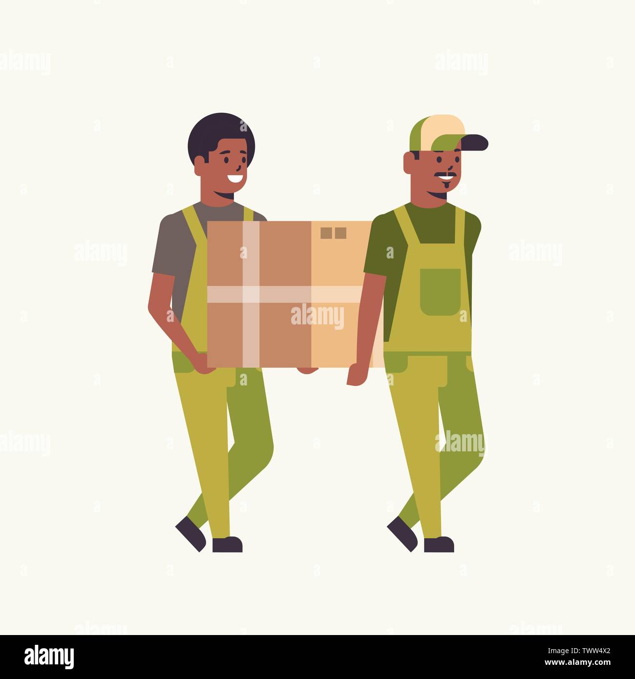 Due corrieri in uniforme che porta una scatola di cartone pacchetto mail servizio di consegna express concetto americano africano lavoratori tenendo piatto di pacchi a piena lunghezza Illustrazione Vettoriale
