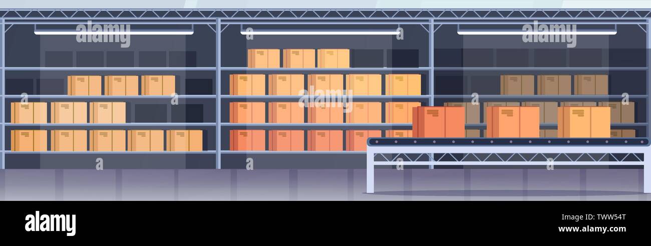 Fabbricazione e montaggio della linea di produzione industriale di produzione trasporto vuota nessun popolo moderno magazzino interno piatto banner orizzontale Illustrazione Vettoriale