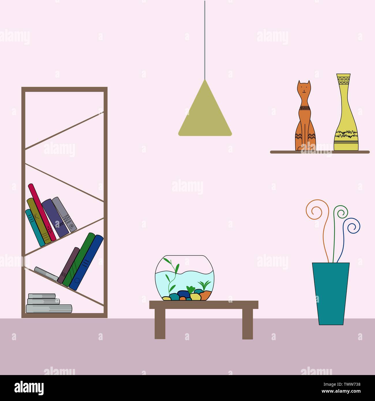Casa decorazione colorata l'esecuzione. Ripiano, libri, figurine, gatto, salvadanaio, acquario, fiori, cactus, vaso, scaffale, tabella, lampada. Vettore i piatti Illustrazione Vettoriale