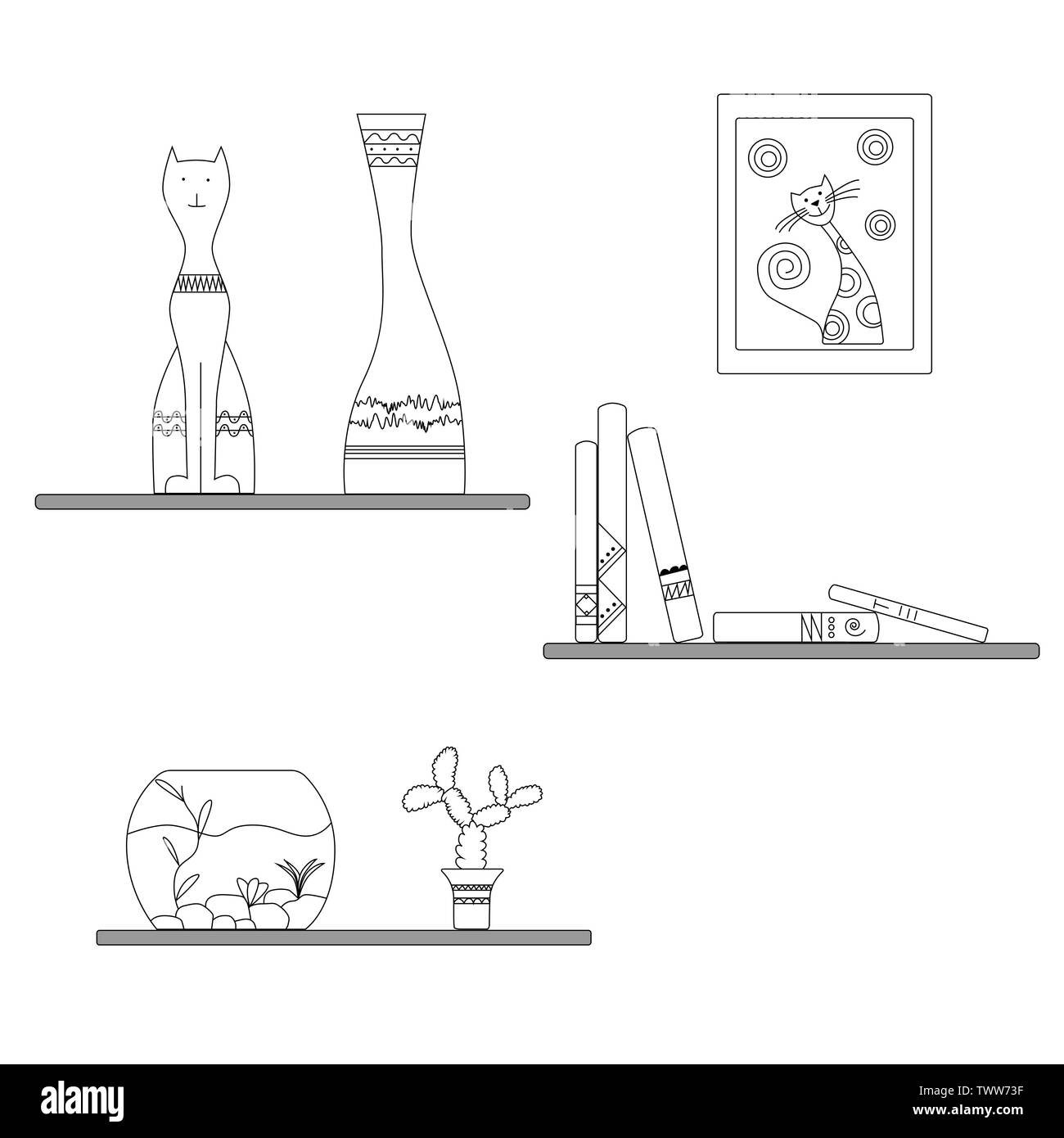 Casa decorazione in bianco e nero di esecuzione. Ripiano, libri, figurine, gatto, salvadanaio, acquario, fiori, cactus, vaso, scaffale. Illustrazione Vettoriale Illustrazione Vettoriale