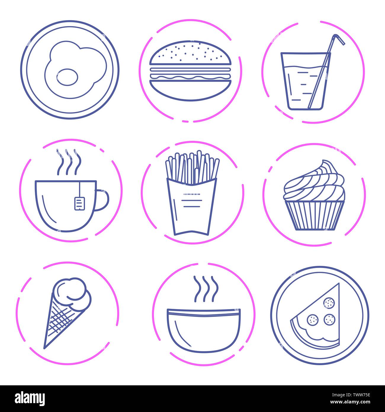 Illustrazione Vettoriale di cibo icone su sfondo bianco. Hamburger, uova fritte, pizza, piastra, zuppa calda, tè caldo, gelato, tortina, patatine fritte, minatore Illustrazione Vettoriale