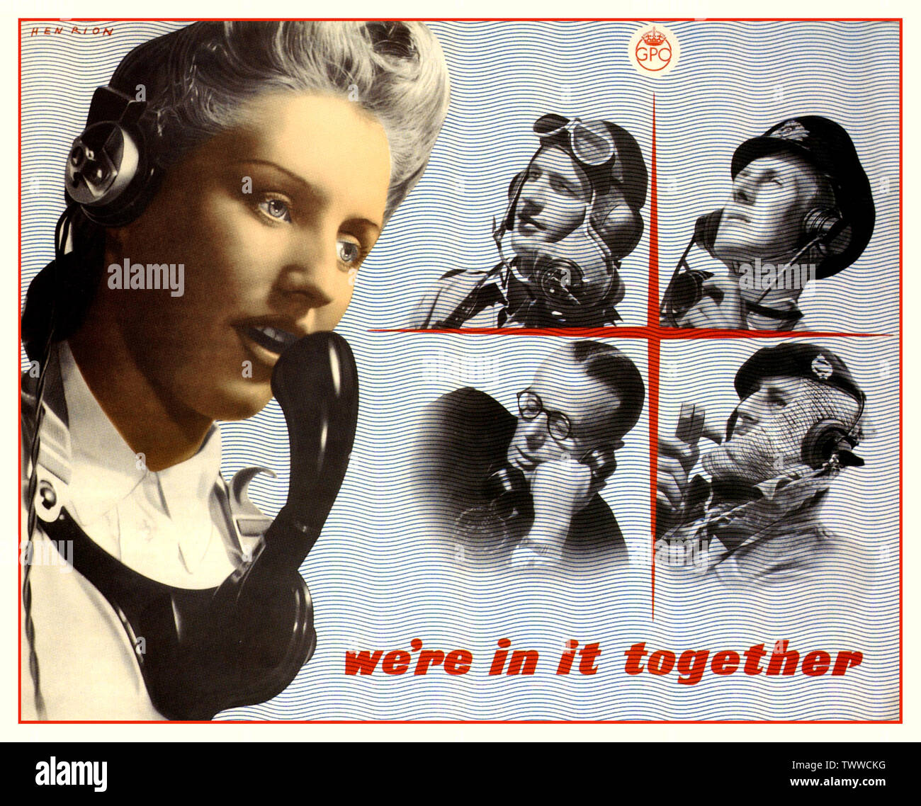 Vintage WW2 British Propaganda Poster "siamo insieme" che illustra varie Guerra Mondiale II Guerra le comunicazioni attraverso la rete di GPO Poster F.H.K Henrion, 1943 (U.K.) Foto Stock
