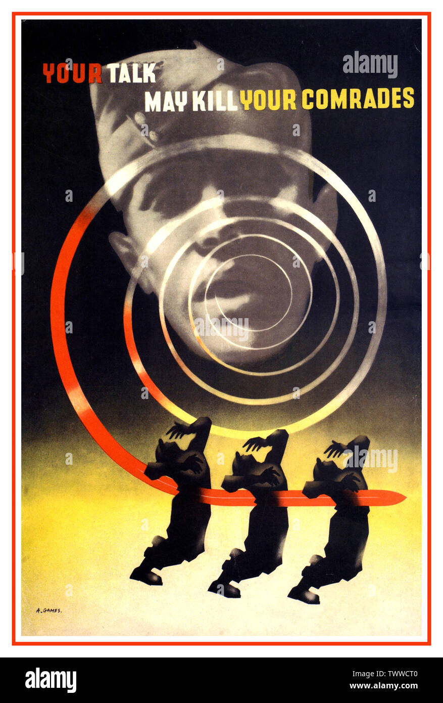 Vintage anni quaranta WW2 Propaganda Poster "Il vostro parlare può uccidere i tuoi compagni' poster informazioni ricordando che il tempo di guerra allentata potrebbe parlare un costo in termini di vite umane.- Poster da giochi di Abram Gran Bretagna, 1942 II Guerra Mondiale la Seconda Guerra Mondiale Foto Stock Vintage anni quaranta WW2 Propaganda Poster "Il vostro parlare può uccidere i tuoi compagni' poster informazioni ricordando che il tempo di guerra allentata potrebbe parlare un costo in termini di vite umane.- Poster da giochi di Abram Gran Bretagna, 1942 II Guerra Mondiale la Seconda Guerra Mondiale Foto Stock