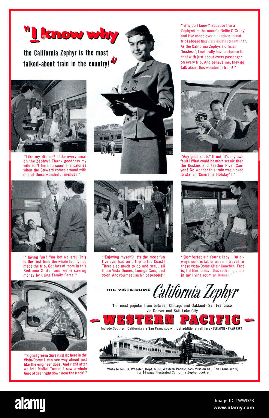 CALIFORNIA ZEPHYR 1950's Vintage American Rail Train 1956 pubblicità per la California Zephyr del Pacifico occidentale, con una hostess Zephyrette in uniforme che interagisce con una varietà di passeggeri a bordo del treno. Febbraio 1956 pubblicità per la California Zephyr Western Pacific Train Railroad Railway del Pacifico occidentale Foto Stock