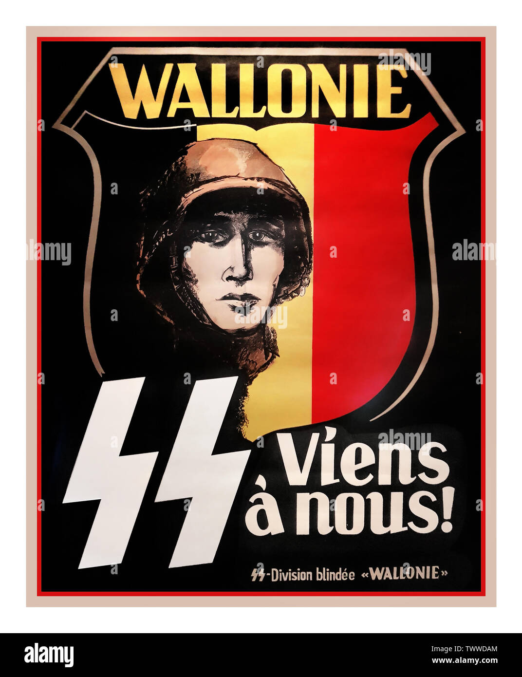 WW2 Propaganda nazista Poster "Vieni a noi' dal 1943 per la SS Legione vallone. Il belga corpo delle waffen SS ..La Legione vallone era un ramo della Waffen SS inizialmente creato in Belgio nel 1941 ha visto azione sul fronte orientale e successivamente in quello occidentale durante il Liberaration alleato della Francia nel 1944. Questo poster mostra come la SS e il regime nazista ha cercato di integrare la popolazione occupata nella loro forza lavoro sul Fronte Orientale e nelle loro forze armate. E l'influenza detenute dalla SS nonostante il suo temuto lo stato Foto Stock