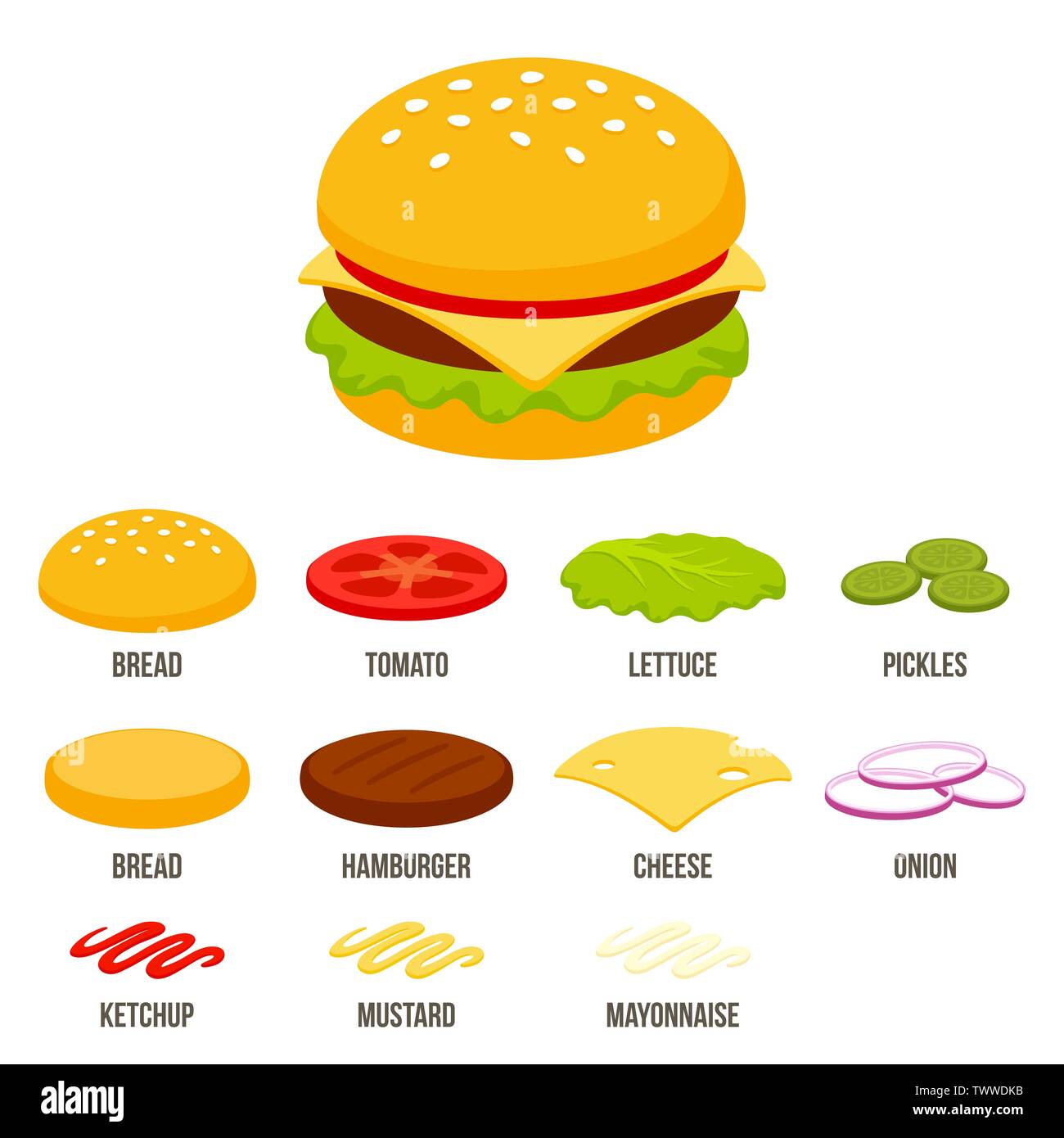 Isometrica costruttore burger set con diversi ingredienti. Il fast food panino illustrazione vettoriale in semplice piatto in stile cartone animato. Illustrazione Vettoriale