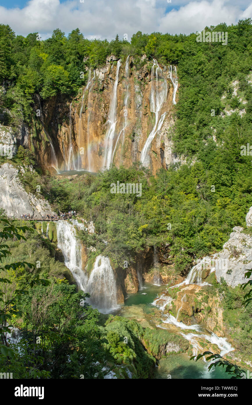 Veliki Slap e Sastavsi Cascate, laghi di Plitvice NP, Croazia Foto Stock