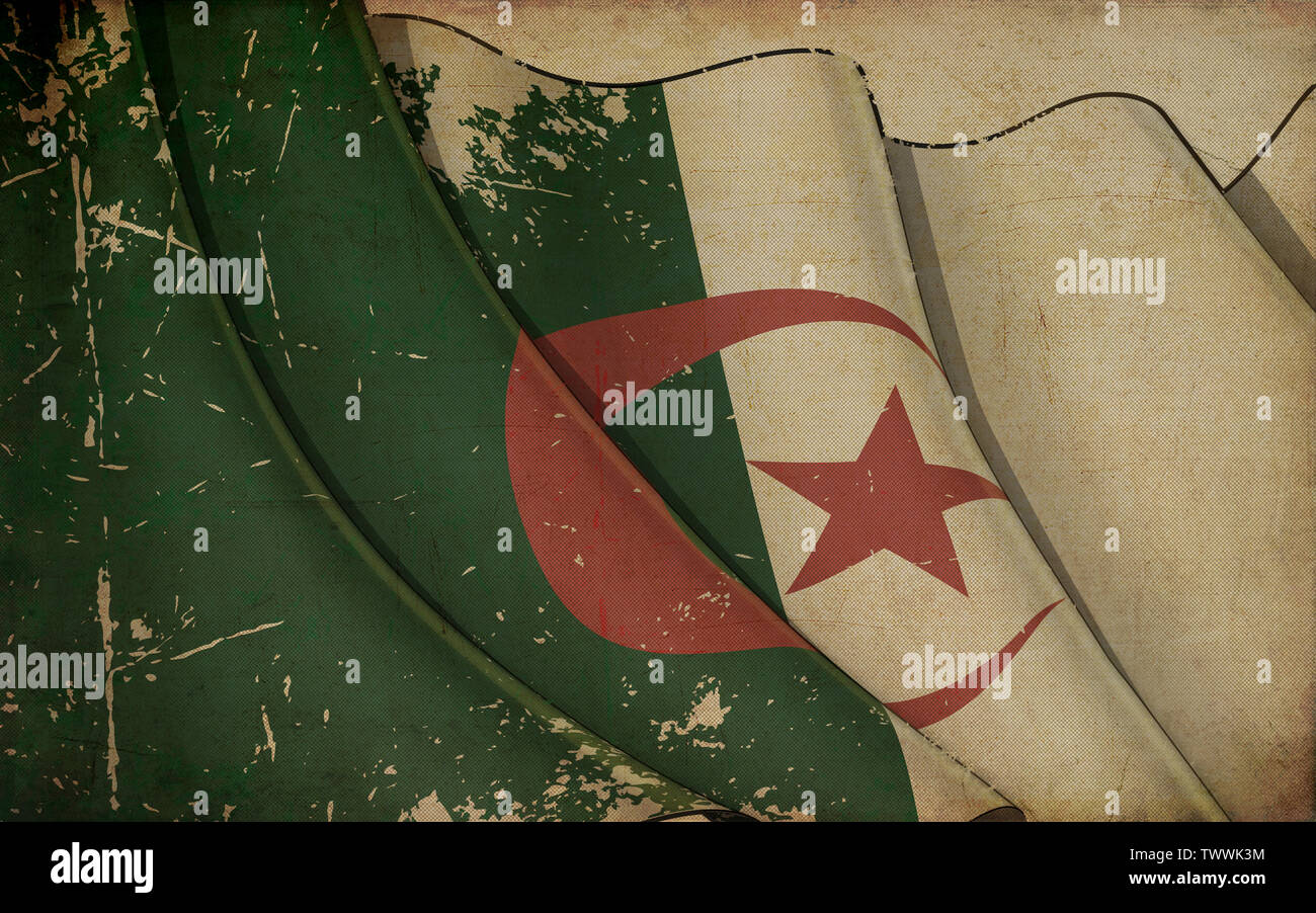 Illustrazione dello sfondo di una vecchia carta con una stampa di una sventola bandiera di Algeria Foto Stock