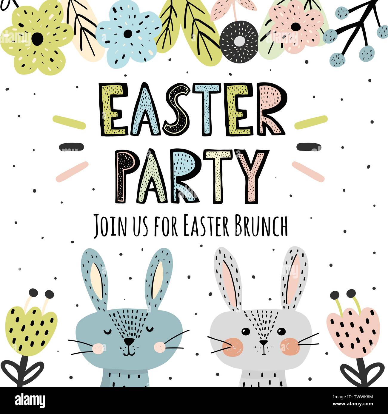 Pasqua invito alla festa con simpatici coniglietti in stile scandinavo. Illustrazione Vettoriale Illustrazione Vettoriale