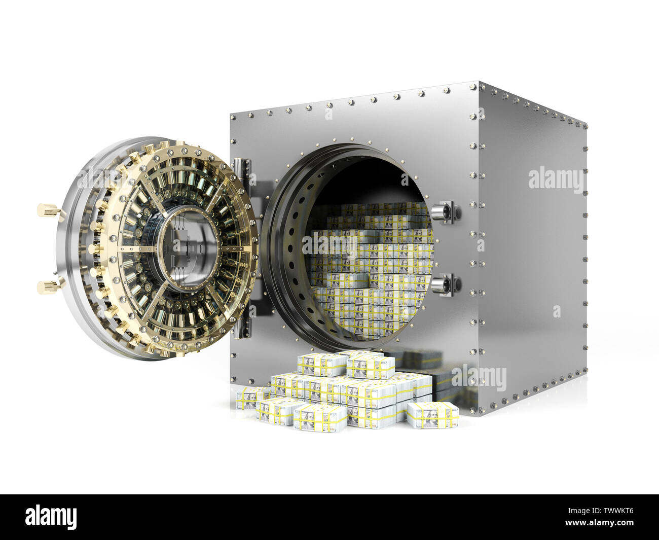 Cassetta di sicurezza bancaria e aperto caveau della banca porta rivelando dollaro di pile di banconote, rendering 3D Foto Stock