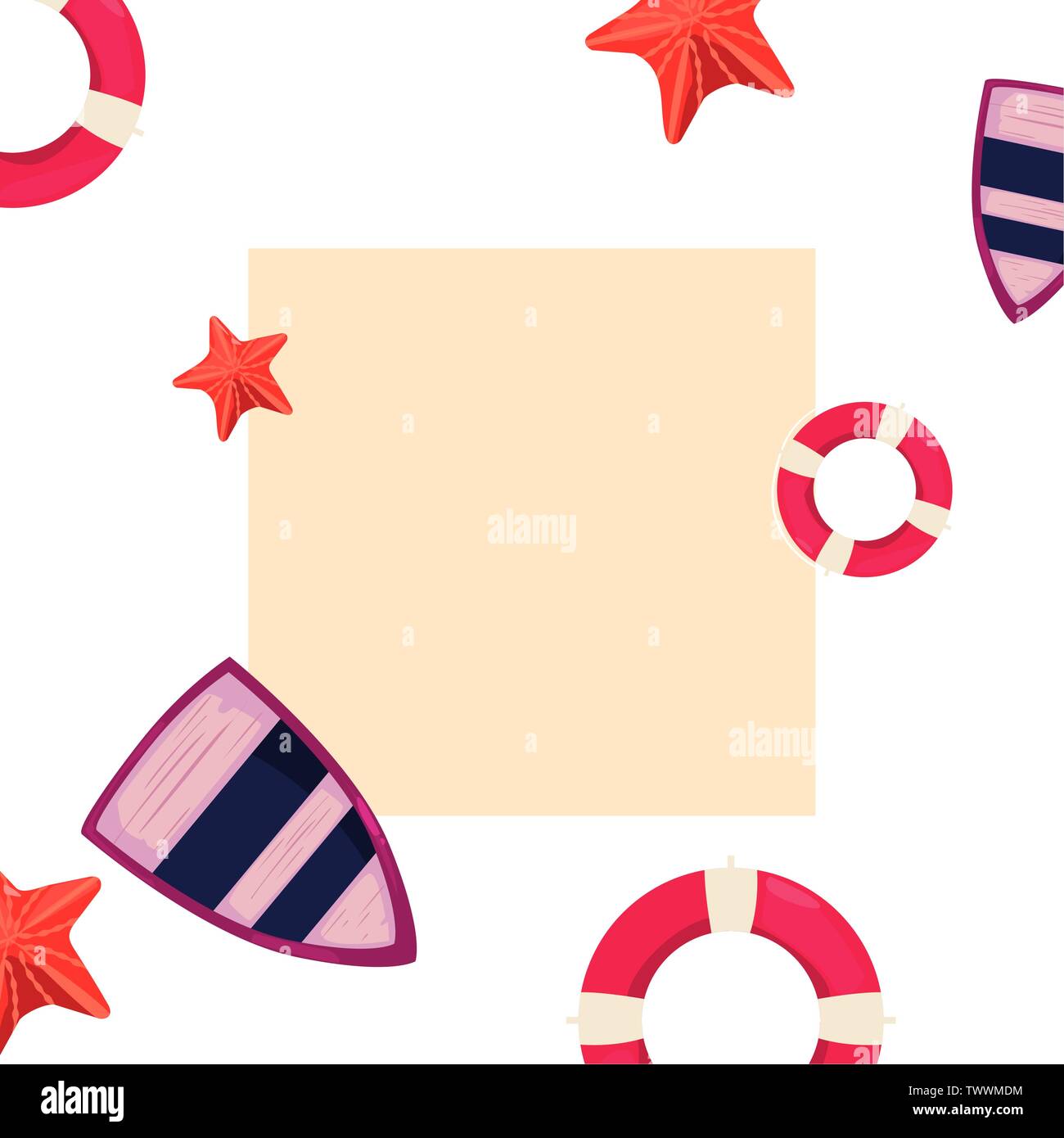 Estate Vacanze barca badge salvagente starfish illustrazione vettoriale Illustrazione Vettoriale