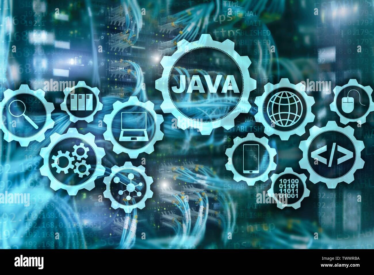 Java Programming concept. Macchina virtuale. Sulla sala server sfondo. Foto Stock