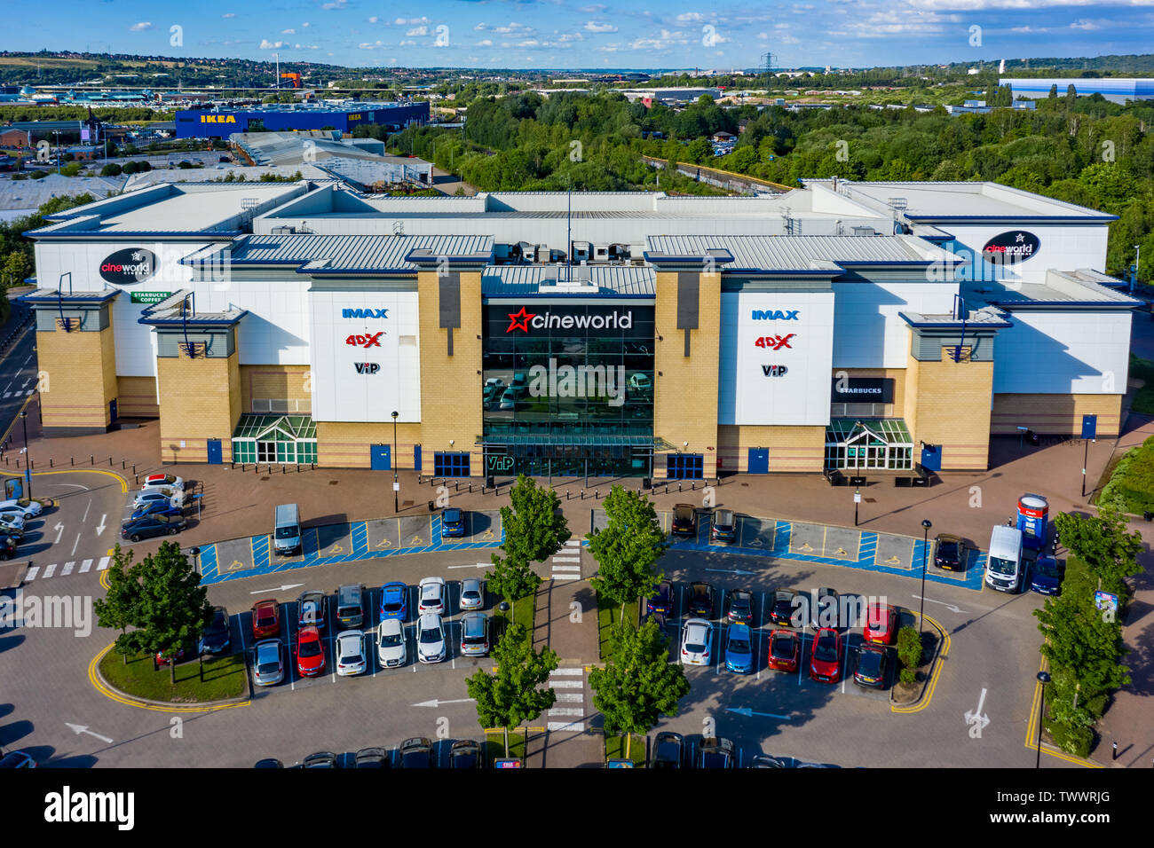 SHEFFIELD, Regno Unito - 20 giugno 2019: Antenna colpo di Cineworld a Centertainment in Sheffield, Yorkshire, Regno Unito Foto Stock
