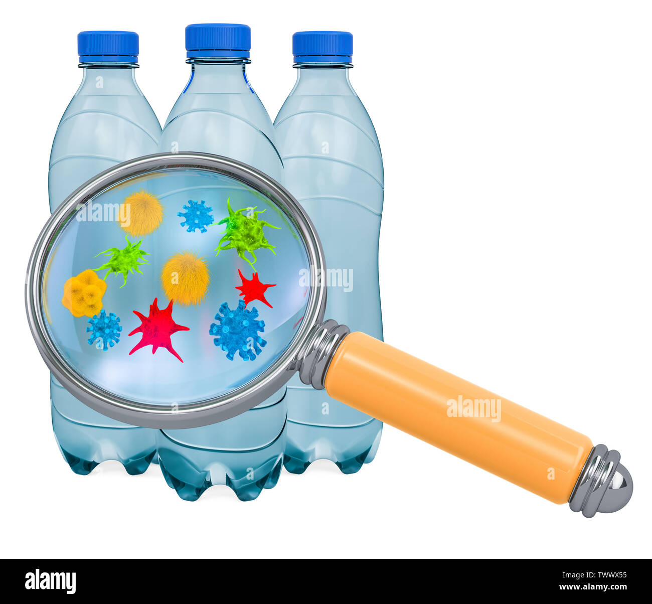 Bottiglie di bere acqua con germi e batteri sotto la lente di  ingrandimento. Il rendering 3D Foto stock - Alamy