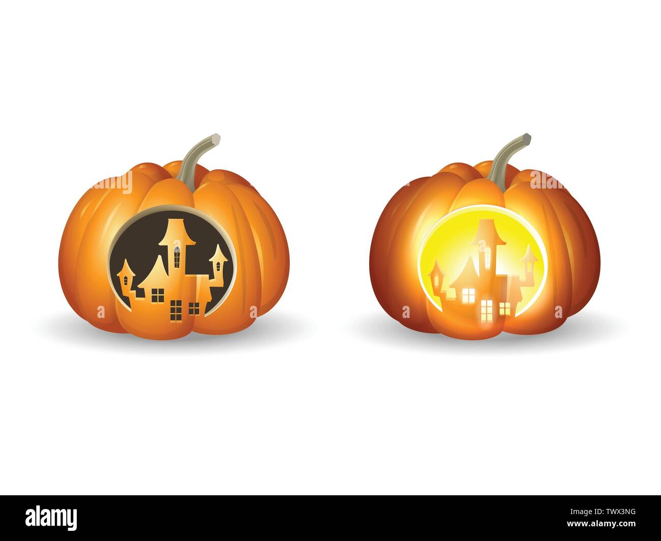 Zucche di Halloween Jack o lantern - castello scolpito forma con e senza luci - illustrazione di vettore isolato su sfondo bianco Illustrazione Vettoriale