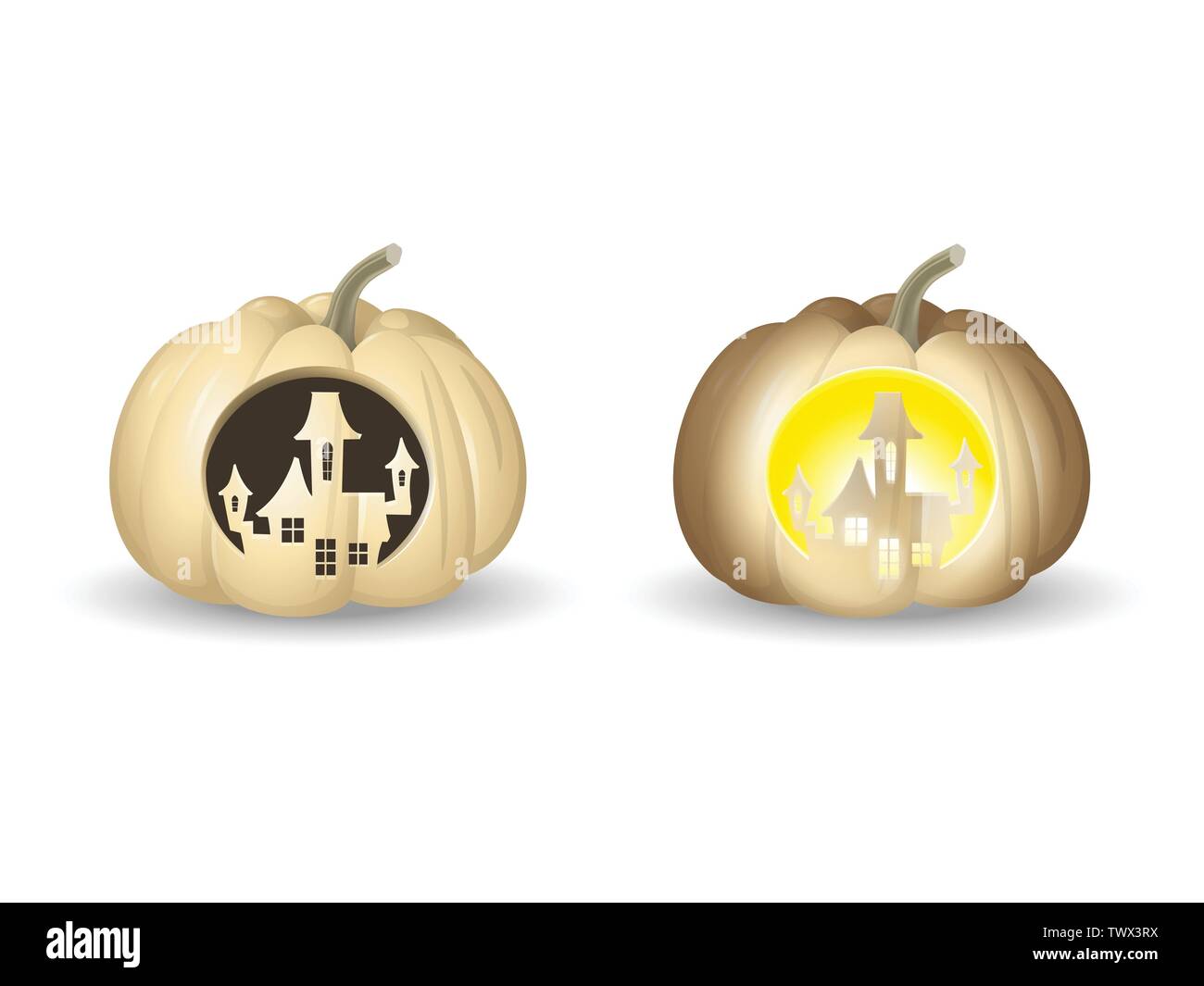 Bianco di Halloween zucche Jack o lantern - castello forma scolpita con e senza luci - illustrazione di vettore isolato su sfondo bianco Illustrazione Vettoriale