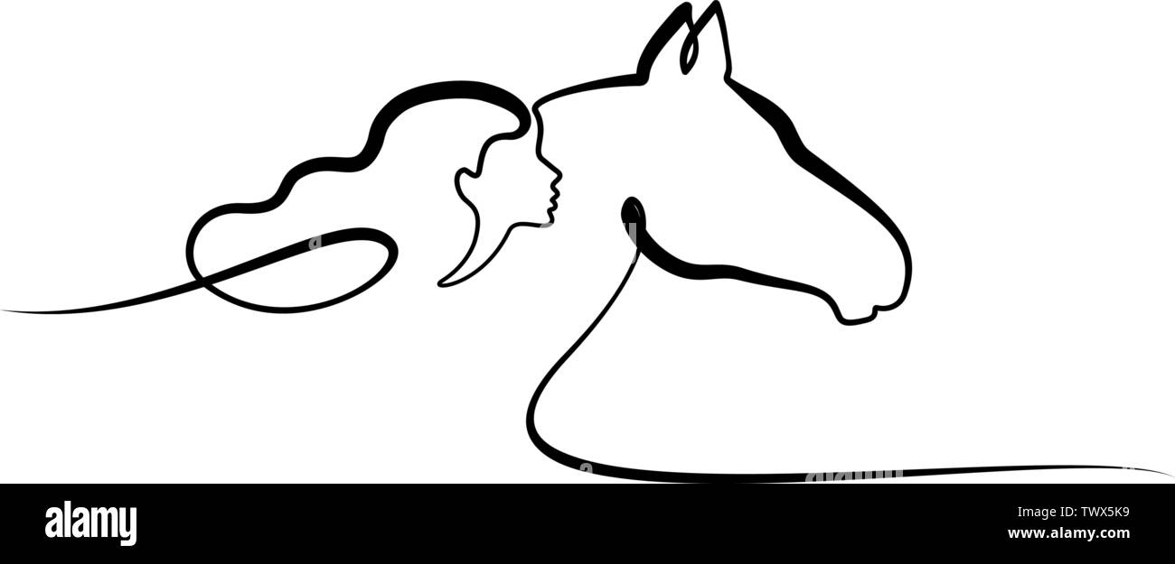 Continuo di un disegno della linea. Cavallo e donna capi logo. Bianco e nero illustrazione vettoriale. Concetto di logo, scheda, banner, poster, flyer Illustrazione Vettoriale