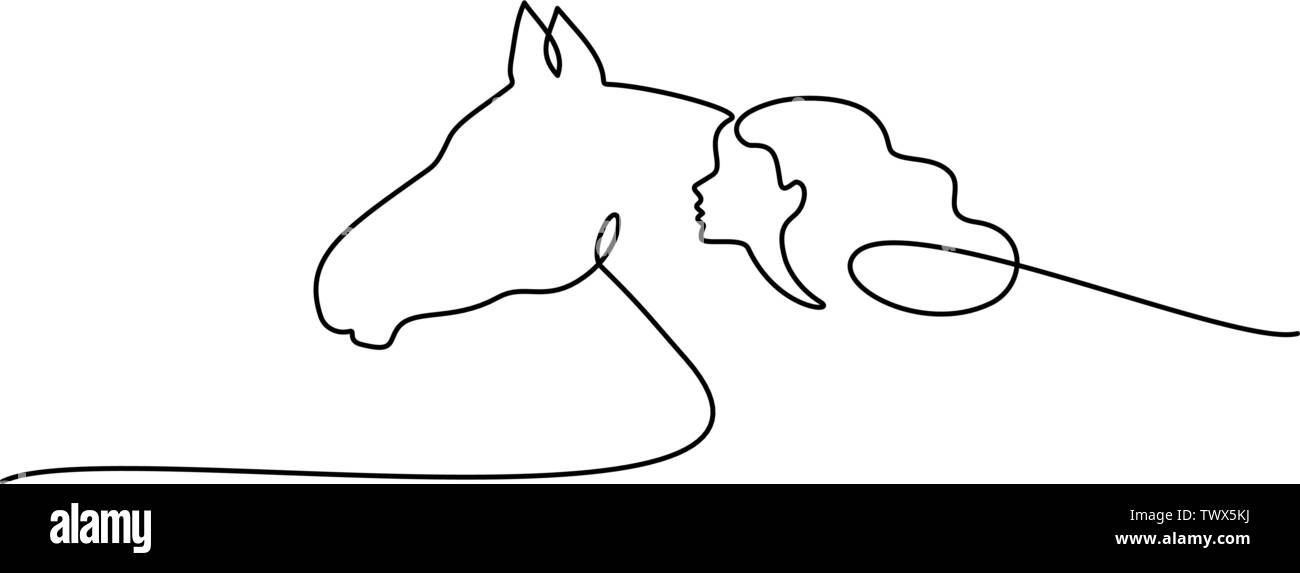 Continuo di un disegno della linea. Cavallo e donna capi logo. Bianco e nero illustrazione vettoriale. Concetto di logo, scheda, banner, poster, flyer Illustrazione Vettoriale