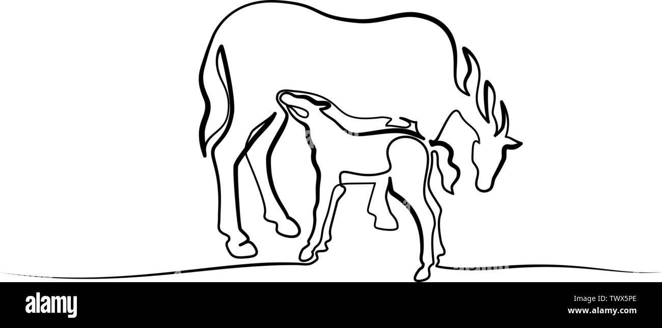 Continuo di un disegno della linea. Feed cavallo piccolo puledro. Bianco e nero illustrazione vettoriale. Concetto di logo, scheda, banner, poster, flyer Illustrazione Vettoriale