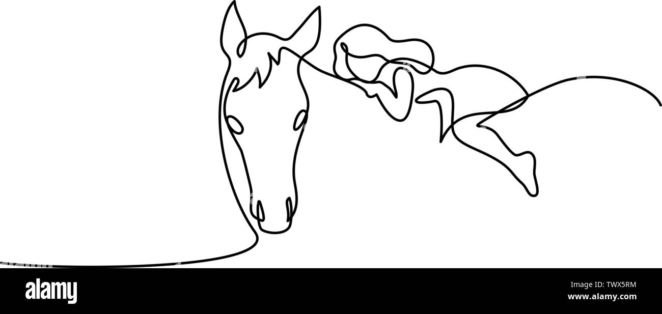 Continuo di un disegno della linea. Piccola ragazza in sella ad un cavallo. Bianco e nero illustrazione vettoriale. Concetto di logo, scheda, banner, poster, flyer Illustrazione Vettoriale