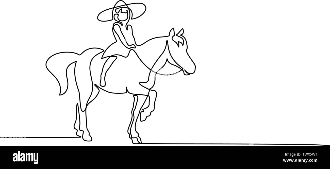 Continuo di un disegno della linea. Piccola ragazza in sella ad un cavallo. Bianco e nero illustrazione vettoriale. Concetto di logo, scheda, banner, poster, flyer Illustrazione Vettoriale