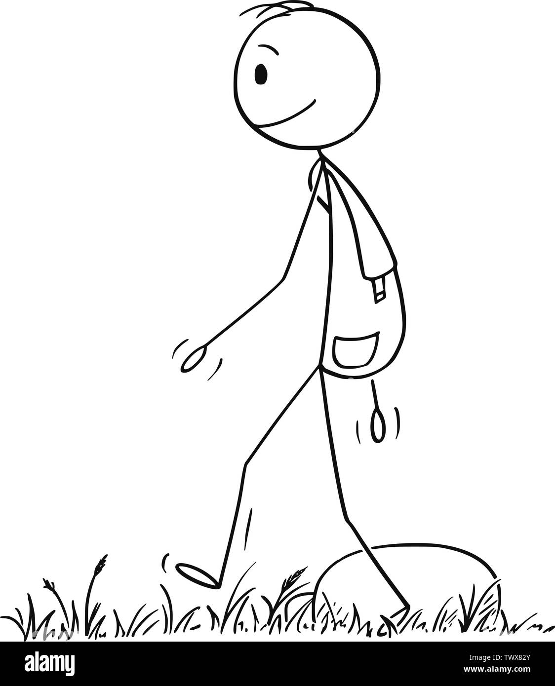 Vector cartoon stick figura disegno illustrazione concettuale di un escursionista o uomo con zaino escursionismo a piedi o su avventura nella natura. Illustrazione Vettoriale