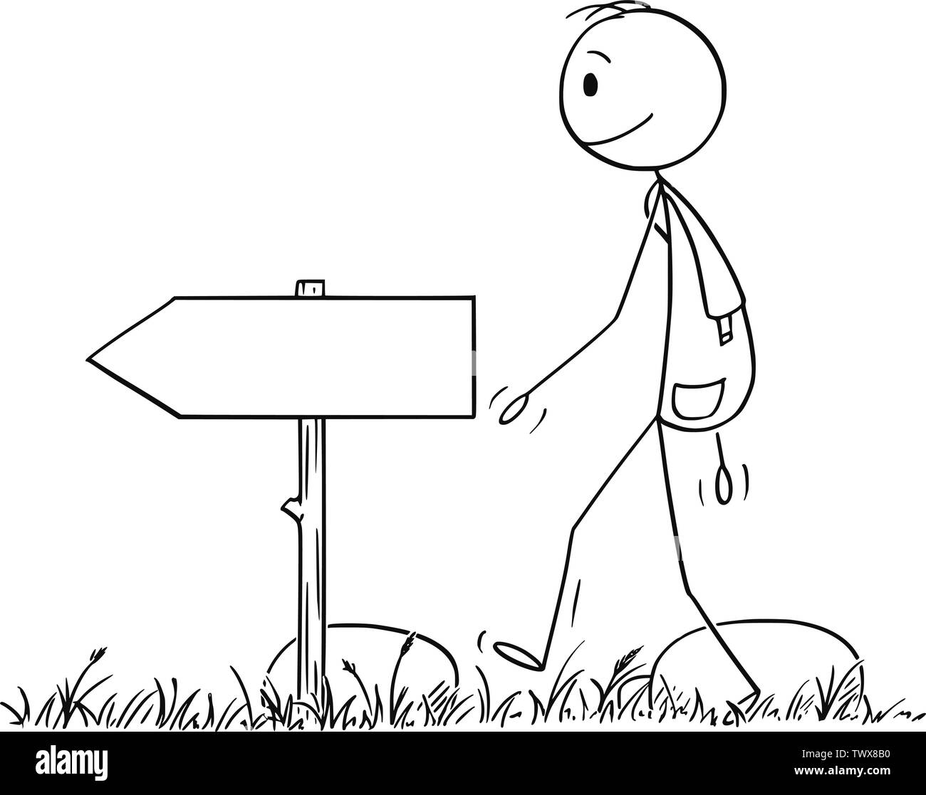 Vector cartoon stick figura disegno illustrazione concettuale di un escursionista o uomo con zaino escursionismo a piedi o su avventura nella natura. Freccia vuota segno è vicino a. Illustrazione Vettoriale