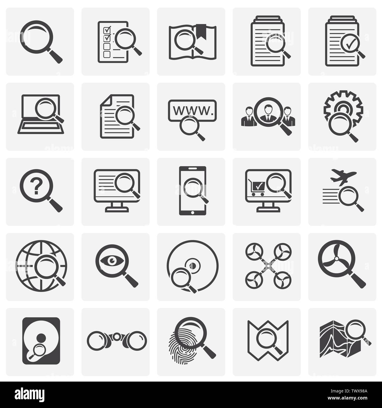 Ricerca di un set di icone su sfondo per progettazione grafica e web. Illustrazione semplice. Concetto di Internet il simbolo per il sito web o il pulsante mobile app. Illustrazione Vettoriale