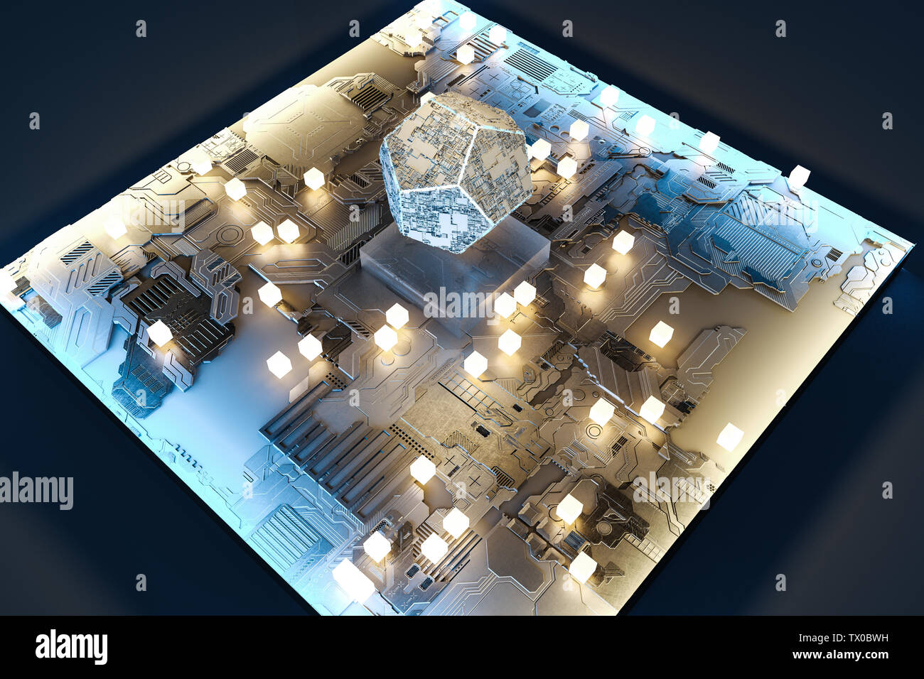 Scheda dei circuiti con chip di oro, rendering 3D Foto Stock