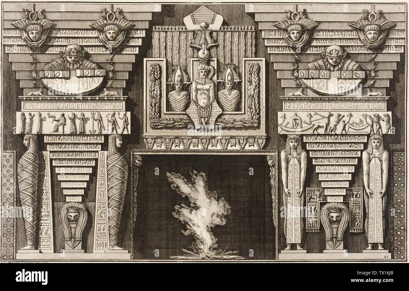 Chimneypiece in stile egiziano: Due mummie in profilo a sinistra e due figure che portano obelischi a destra.; Italia, 1769 Serie: Divorre Maniere d'ornare i cammini... Stampe; incisioni foglio Di Incisione: 16 1/8 x 21 3/4 in. (40,96 x 55,24 cm); piastra: 15 3/8 x 9 7/8 in. (39,05 x 25,08 cm) Acquistato con fondi raccolti attraverso la Fiera Internazionale delle Stampa di fine Art (AC1999.142.1) stampe e Disegni; 1769date QS:P571,+1769-00-00T00:00:00Z/9; Foto Stock