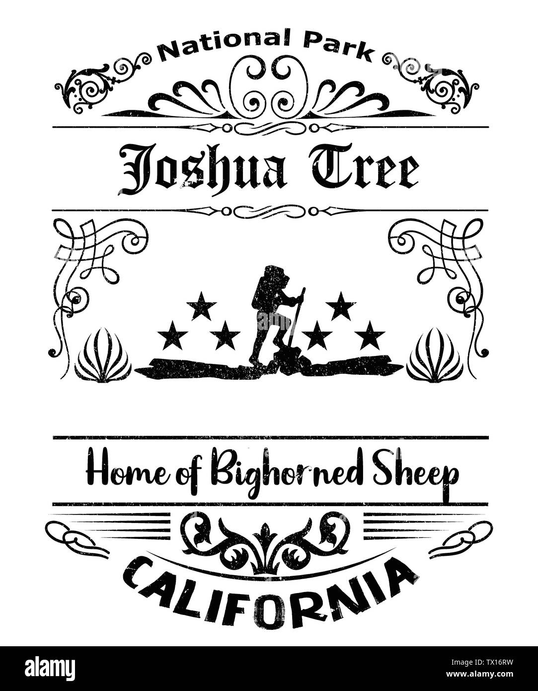 Parco nazionale di Joshua Tree illustrazione in un retro vintage stile grunge in onore di questa splendida natura situato in California. Home bighorned di ovini Foto Stock