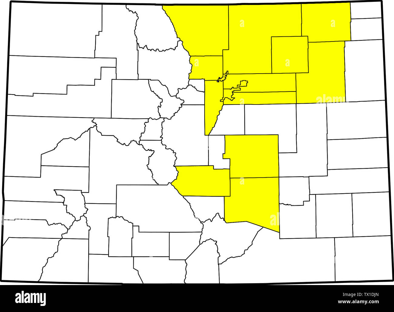 Mappa della contea del Colorado che evidenzia 14 contee dichiarate emergenze disastri il 13 settembre 2013 da governatore nel Colorado del 2013 inondazioni: Adams, Arapahoe, Broomfield, Boulder, Denver, El Paso, Fremont, Jefferson, Larimer, Logan, Morgan, Pueblo, Washington e Weld.; Sulla Base di informazioni aggiornate al 13 settembre 2013; Modifica da parte di Uploader di file:MAP delle contee del Colorado, blank.svg; file di origine di Augiasstallputzer; Foto Stock