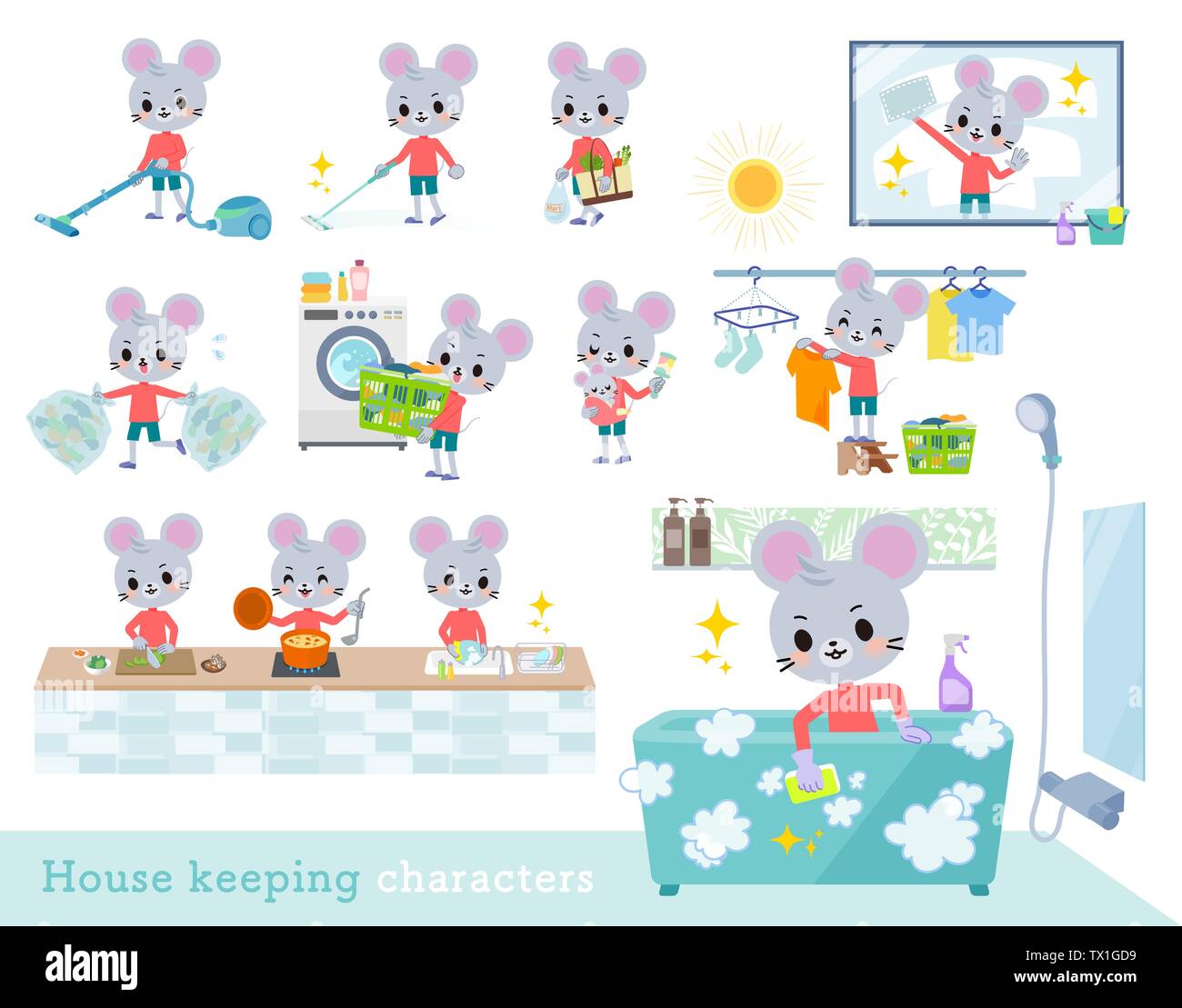 Un set di mouse boy relative al servizio di pulizie come pulizia e lavanderia.Ci sono varie azioni come la cottura e il bambino allevamento.it vettore dell'arte così Illustrazione Vettoriale